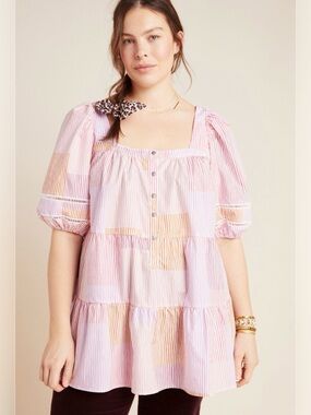 Anthropologie Maeve Gable Tiered Tunic Top Pink Combo Puff Sleeve SZ XL